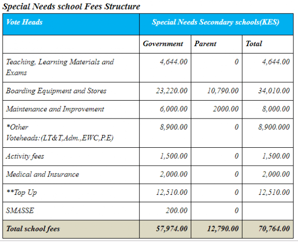 2019 fees for Special Schools