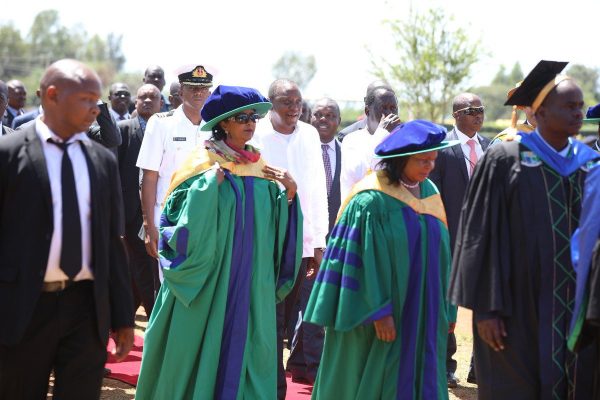 Education Cabinet Secretary, Dr Amina Mohammed, arrives at Jaramogi Oginga Odinga University of Science and Technology during the university's 6th graduation ceremony yesterday. The CS has said Gender desks will be introduced in all schools to ensure safety of learners