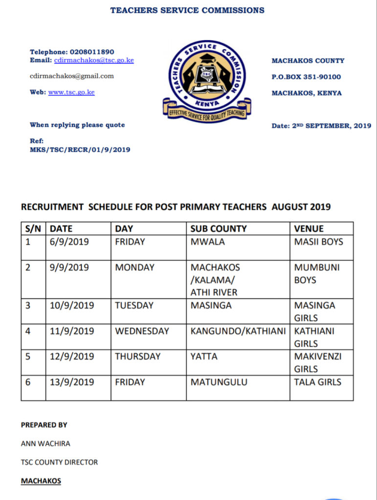 Machakos County TSC recruitment schedule
