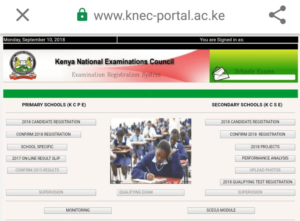 The KNEC portal used for registering candidates for exams and uploading project marks,
