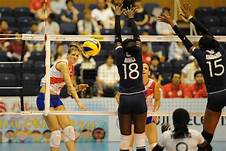 Kenya's women volleyball team, Malkia strikers, in action against Serbia