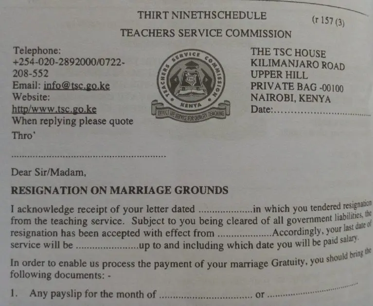 RESIGNATION ON MARRIAGE GROUNDS
