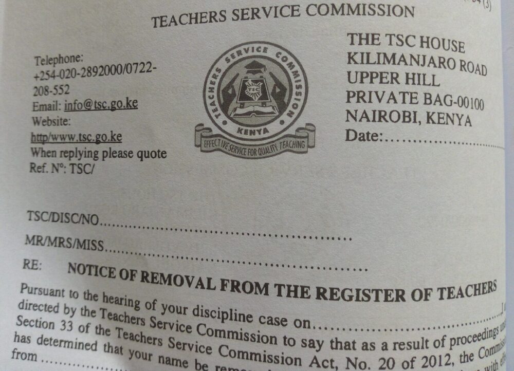 TSC NOTICE OF REMOVAL FROM THE REGISTER OF TEACHERS