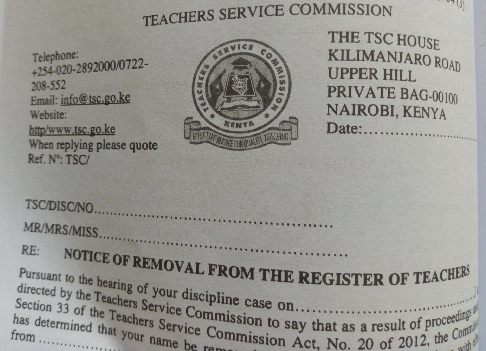 TSC NOTICE OF REMOVAL FROM THE REGISTER OF TEACHERS
