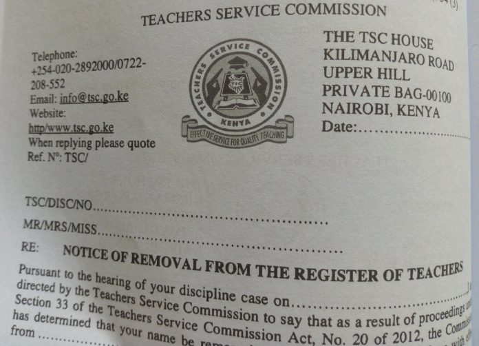 TSC NOTICE OF REMOVAL FROM THE REGISTER OF TEACHERS TSC NOTICE OF REMOVAL FROM THE REGISTER OF TEACHERS