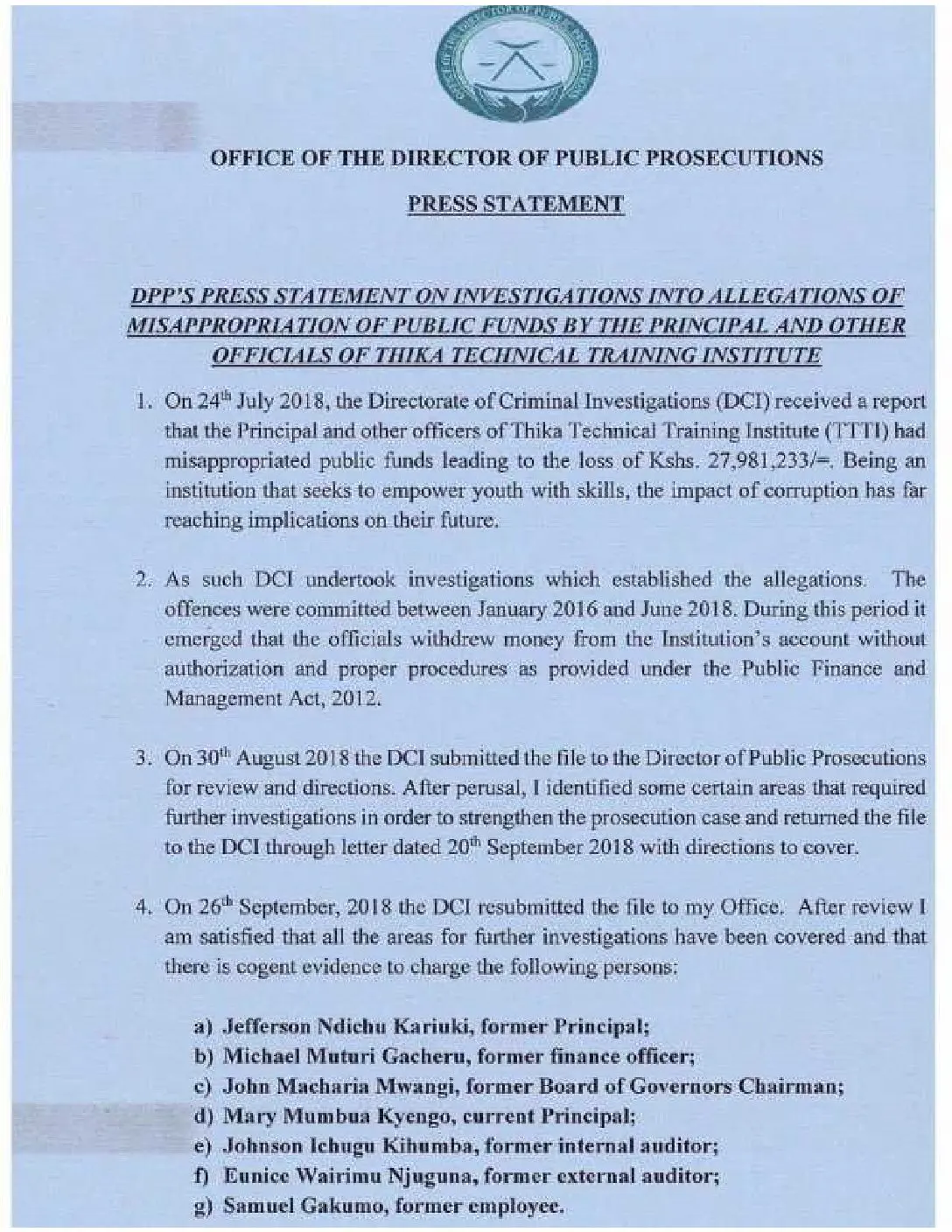 DPP orders prosecution of Thika Technical Institute officials