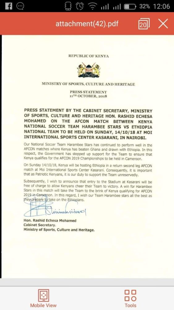 Read more about the article Ministry of Sports announces free entry for fans into Kasarani on Sunday