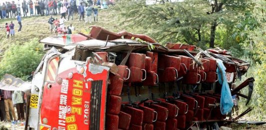 The mangled bus wreckage