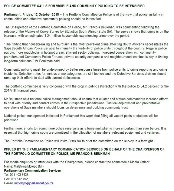 Police Committee Calls for Visible and Community Policing to Be Intensified, South African Parliament