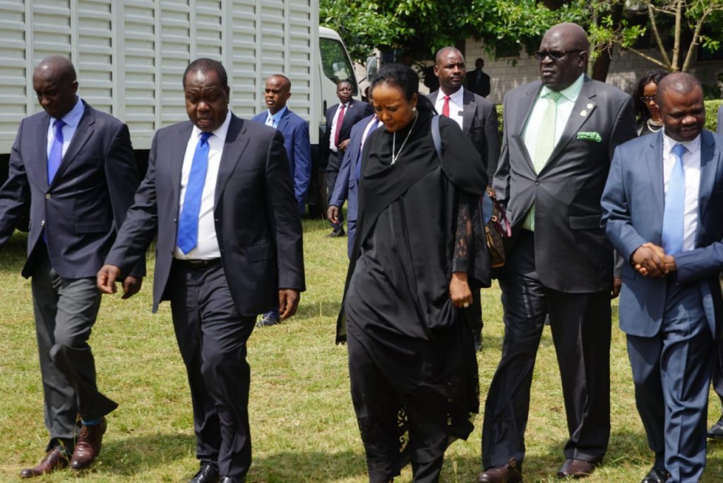 Interior CS Matiang'i (Left), Education CS Amina (Centre) and KNEC Chair, Magoha (Right) walking to a past meeting on exams preparations. KNEC has announced a decision to cancel results for 3,427 candidates who sat the 2018 KCSE examinations.