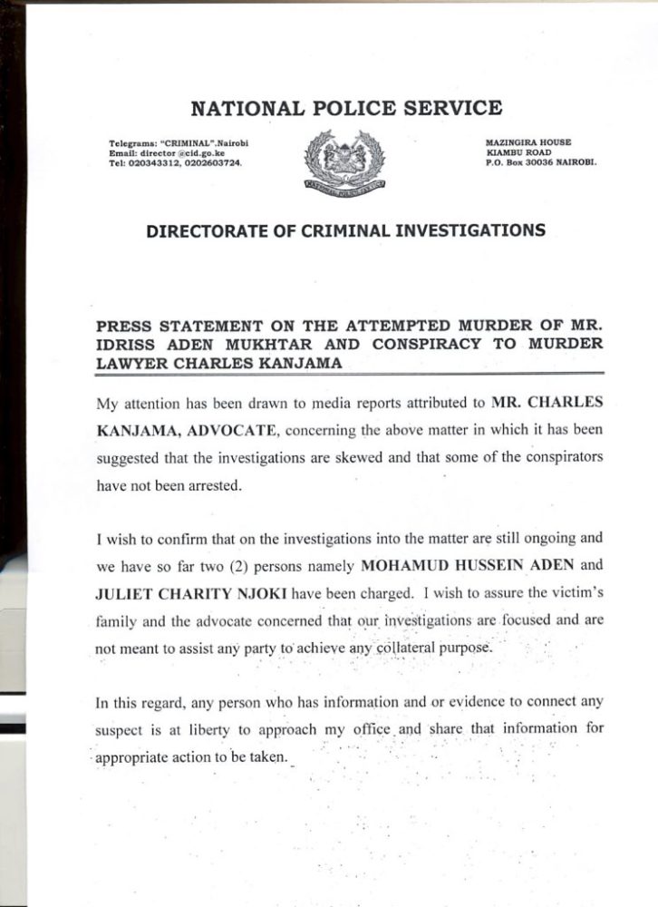 Read more about the article Statement by the DCI on the attempted murder of Lawyer Charles Kanjama