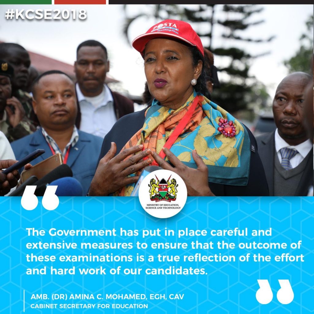 Education CS, Dr. Amina Mohammed, during a KCSE administration Exercise 2018. She says her Ministry will come up with a policy to curb the increasing teenage pregnancies.