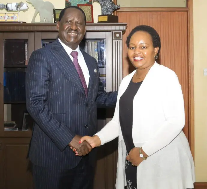 Hon Raila and Governor Waiguru in a handshake, today Hon Raila and Governor Waiguru in a handshake, today