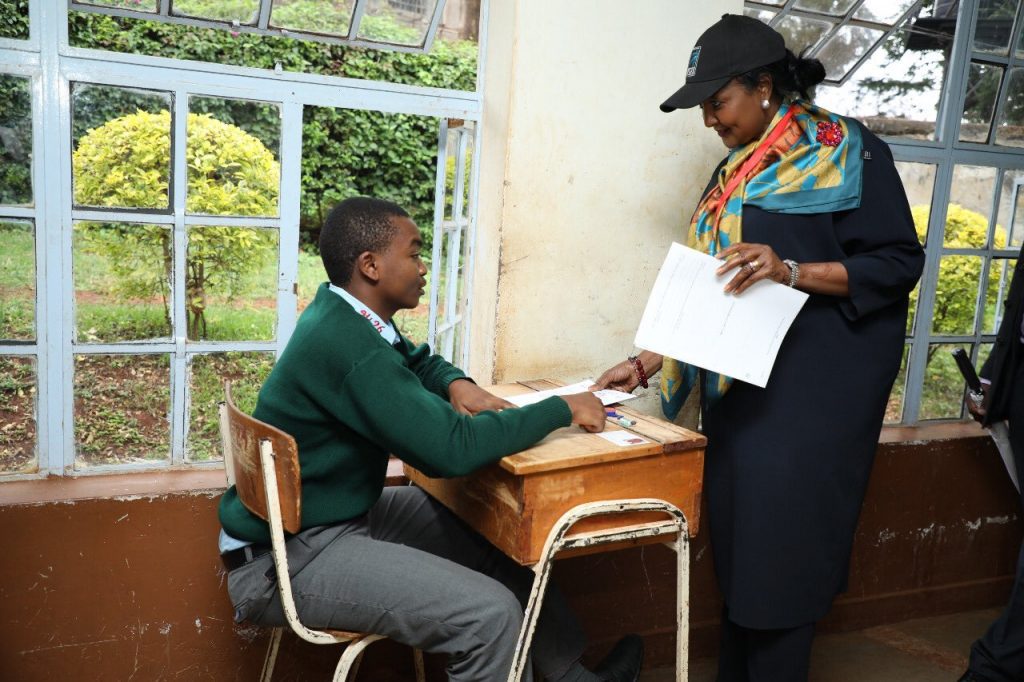 Education CS, Dr. Amina Mohammed, supervises KCSE exams at Murang'a Boys Secondary earlier today