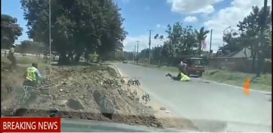 Tuk Tuk driver engaging policemen in a stone throwing fight
