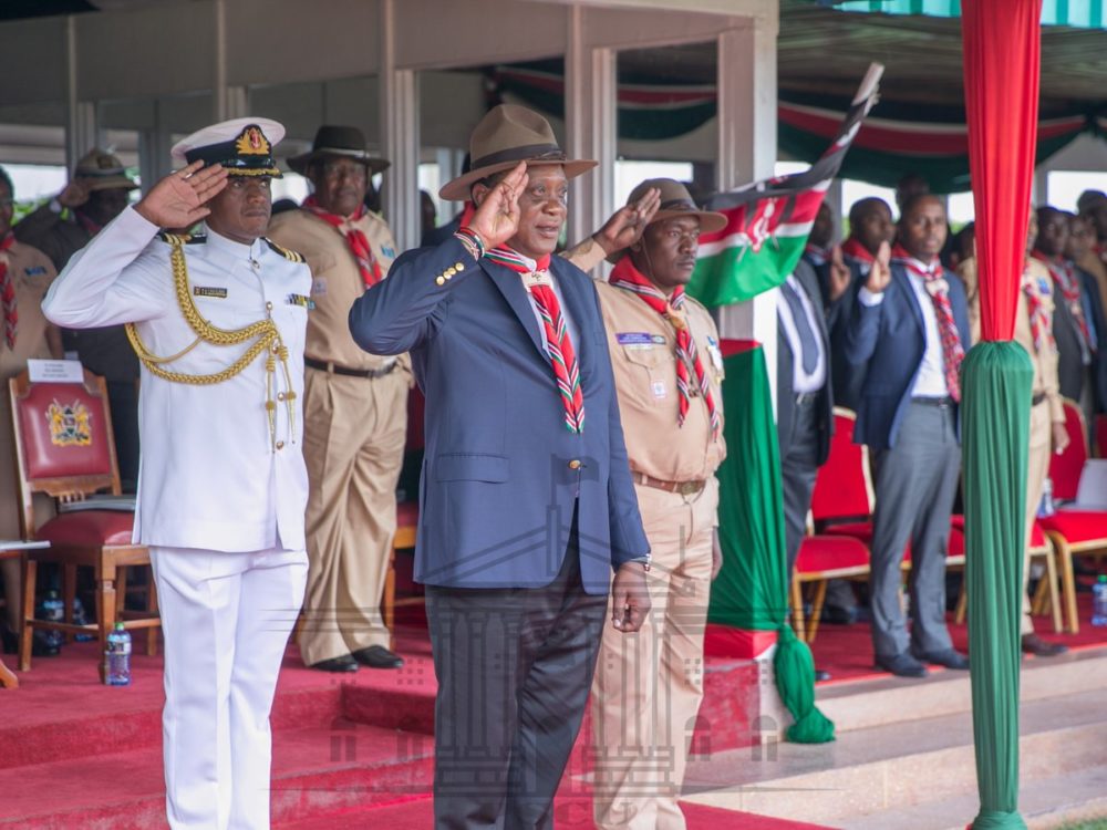 Photo (Courtesy of the Presidency)- President Kenyatta during the Scouting Meet yesterday. A section of Kenyans want the president to abandon the Ambira High School boys who were arrested for abusing government officials