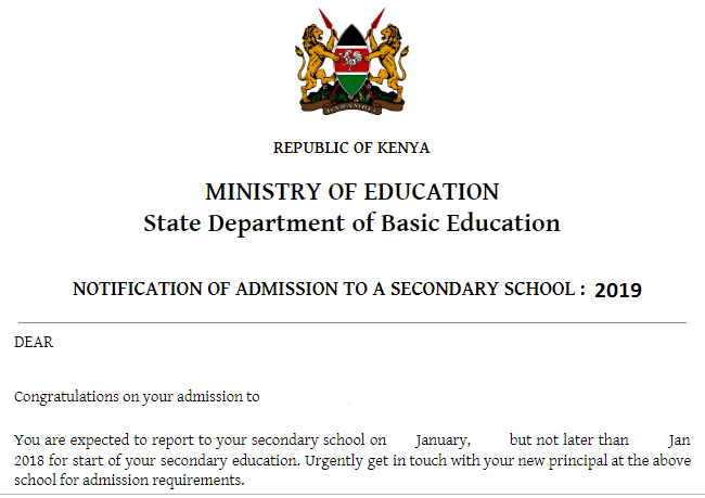 2019 form one admission letter