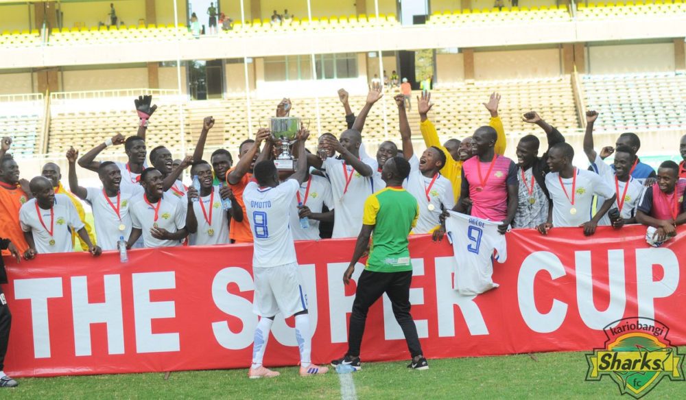 Kariobangi Sharks' players celebrate after winning the KPL super cup. Kariobangi defeated Gor mahia by a solitary goal to lift the trophy