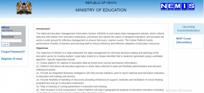 The Ministry of Education's NEMIS portal Log in Screen.