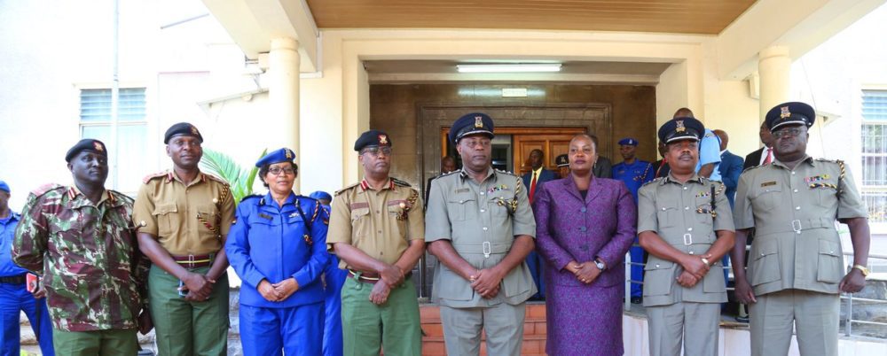 The newly appointed Regional Police Commanders, From left: Mr Paul Soi, Dr. Vincent Makokha, Ms. Eunice Kihiko, Mr Rashid Yakub, Mr Philip Ndolo, Ms Judy Lamet, Mr Edward Mwamburi, Mr Marcus Ocholla