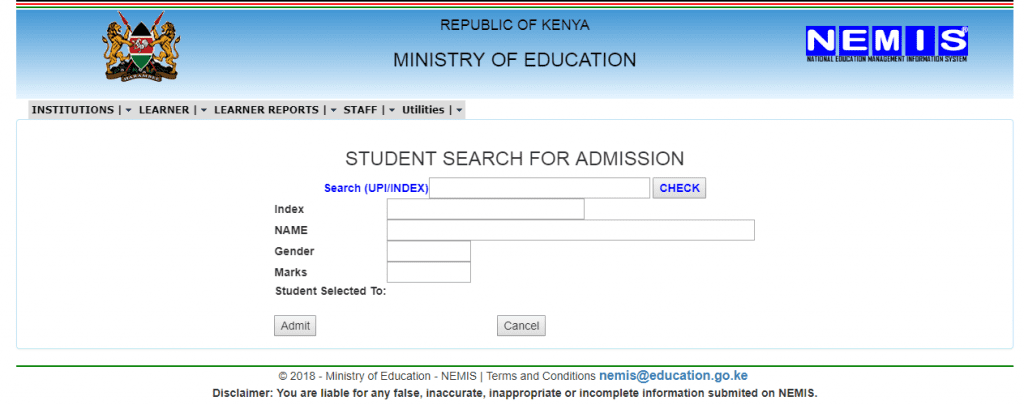 The NEMIS window for the students' admission interface. The Education Ministry insists that all learners must be admit via the NEMIS system