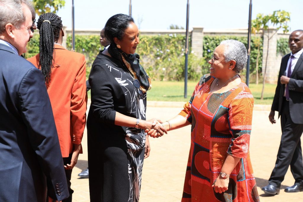 Education Cabinet Secretary, Dr Amina Mohammed; left, welcomes the first Lady, Margret Kenyatta, at BrookHouse School, Runda Campus on Thursday last week for the Margaret Kenyatta Scholarship Award and the opening of the BrookHouse School Runda Campus Library. The Education Ministry has stepped up efforts to ensure all learners go to school