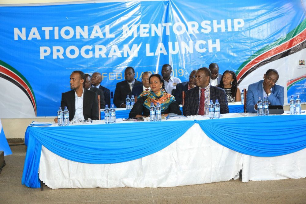 Education Cabinet Secretary, Dr Amina Mohammed; centre, at the launch of the National Mentorship program for all the young ones across the country. The launch occurred at Upper Hill School in Nairobi, today
