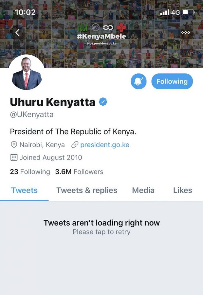 You can not load tweets on President Uhuru's Twitter account as it has been suspended after attempts to hack it.