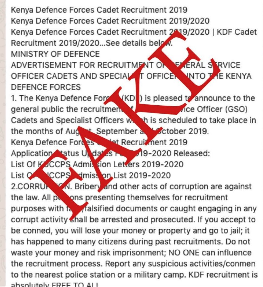 Fake advert for the 2019 KDF recruitment