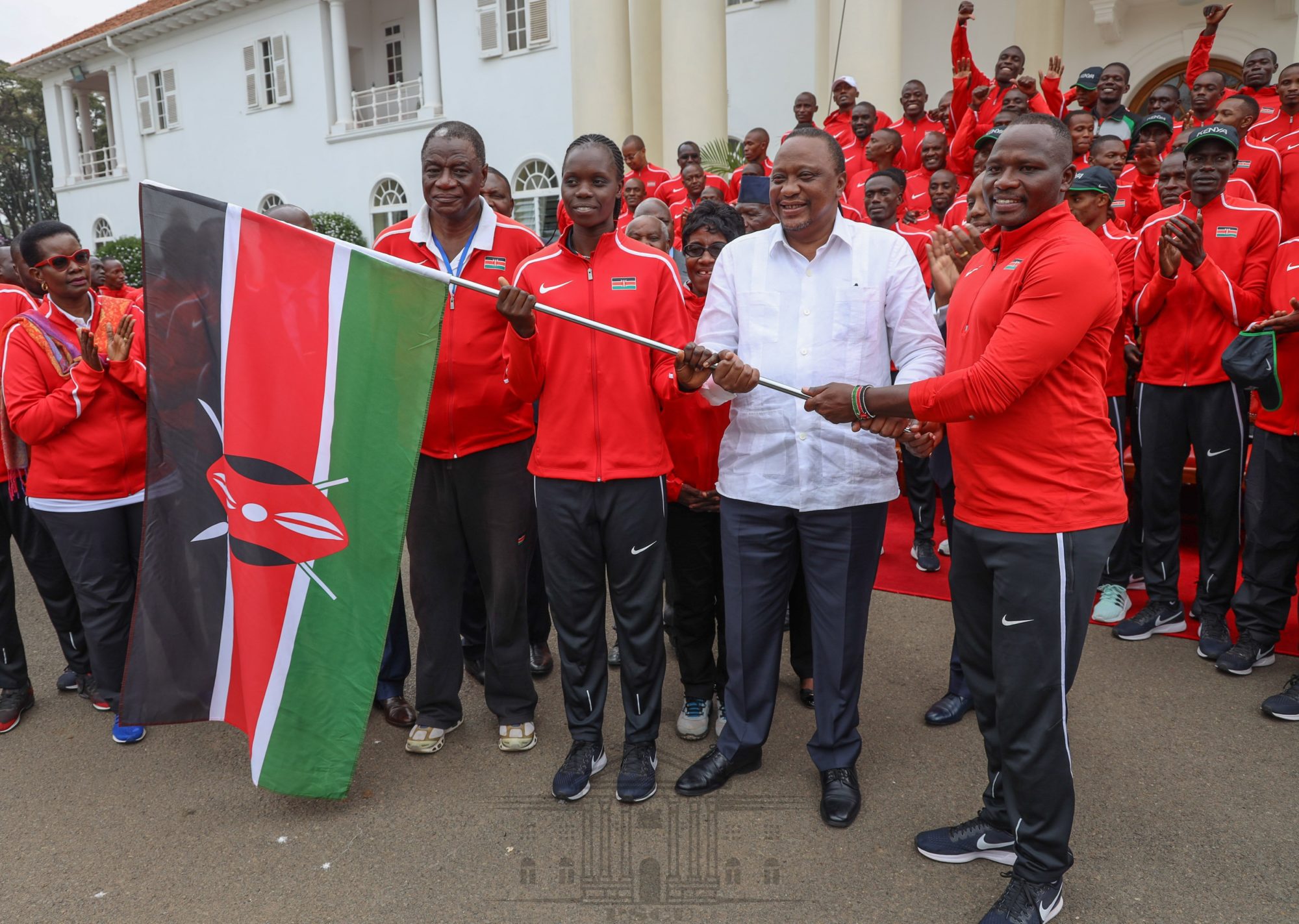 President Uhuru Kenyatta at State House, Nairobi when he flagged off Tong-il Moo-Do; the Kenya national team that will be representing the country at the 2019 World Martial Arts Mastership in South Korea. The President also received the national flag and trophies from the Morans and Malkia Strikers.
