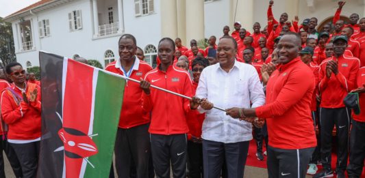 President Uhuru Kenyatta at State House, Nairobi when he flagged off Tong-il Moo-Do; the Kenya national team that will be representing the country at the 2019 World Martial Arts Mastership in South Korea. The President also received the national flag and trophies from the Morans and Malkia Strikers.