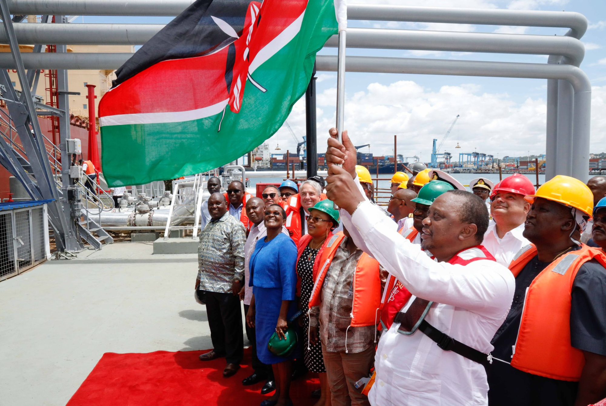 President Uhuru Kenyatta during the flagging off for the first consignment of over 200,000 barrels of low sulphur petroleum from Kenya's oil fields in Turkana County on Monday August 26, 2019. He termed it a milestone moment for Kenya as it becomes the first country in the region to export oil.