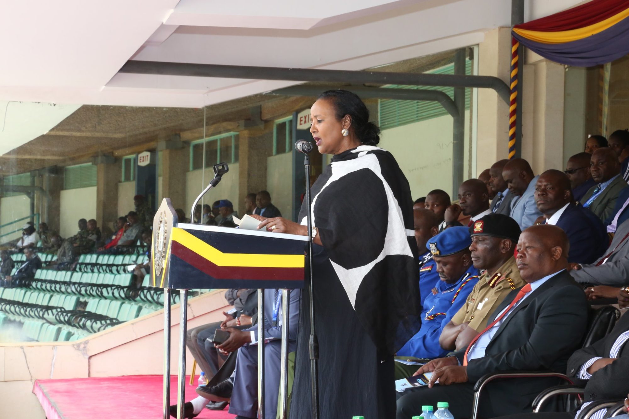 Sports CS Amb Amina Mohammed when she officially opened the 3rd edition of EAPCCO games at the Kasarani Stadium on Tuesday August 26, 2019. The CS was accompanied by CS Fred Matiangi, IG, EAPCCO Chairman 1st Lt. Gen. Adil M. A. Bashair, IG's from member countries, Maj. Gen. Fatuma Ahmed, DIG Police Kenya, APS Kenya, Director DCI Kenya, senior government officials/police commanders from member countries and other invited guests.