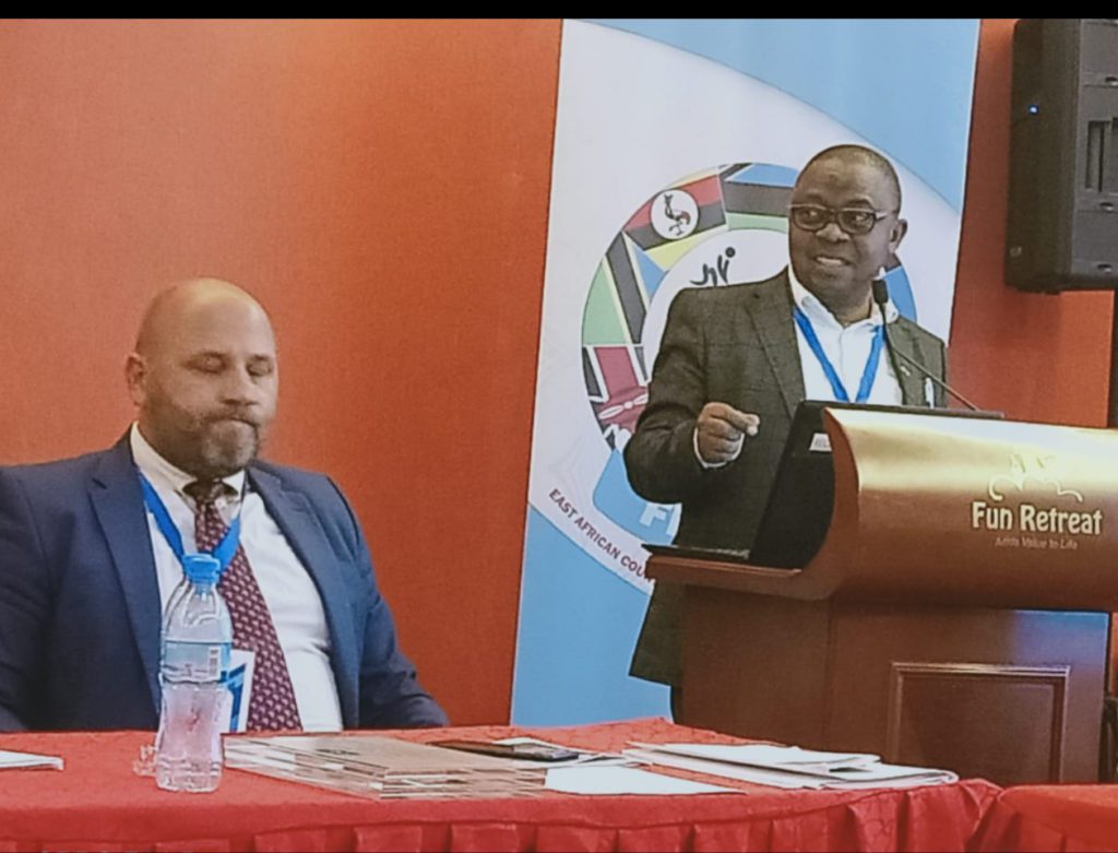 FEASSSSA president, Mr Justus Mugisha, makes his presentation at the body's Symposium held in Arusha, Tanzania, on 19th August, 2019. The president has announced the change of the body's name to Federation of East Africa School Sports Associations (FEASSA).