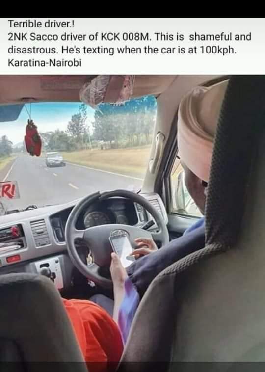 Driver of 2NK Sacco who was caught on camera texting while driving. Image/ Courtesy