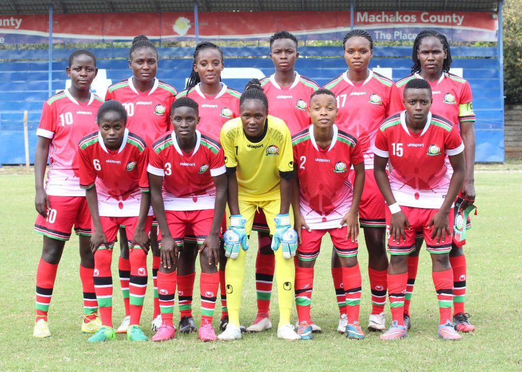Harambee Starlets starting lineup in their Olympics Qualifier return match against Malawi at the Machakos Stadium. Photo/ File