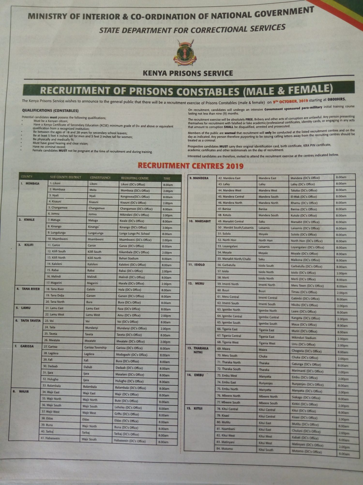 2019 Kenya Prisons Constables jobs advert.