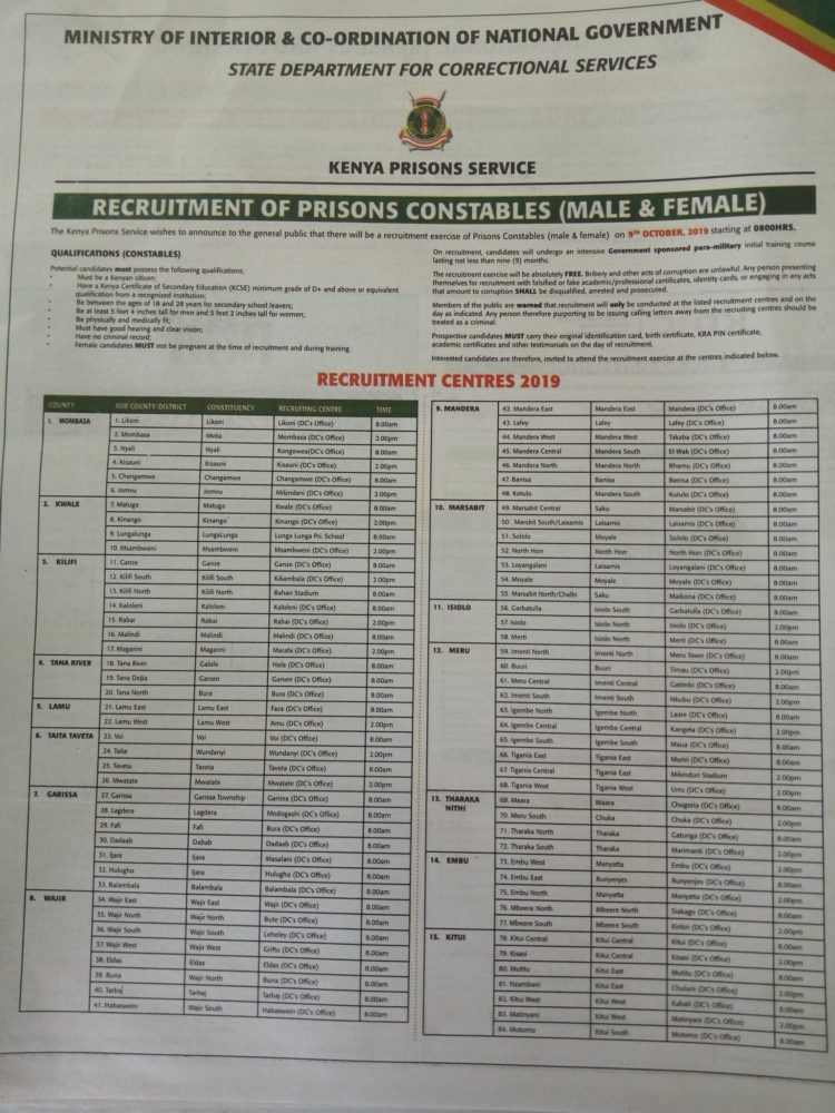 2019 Kenya Prisons Constables jobs advert.