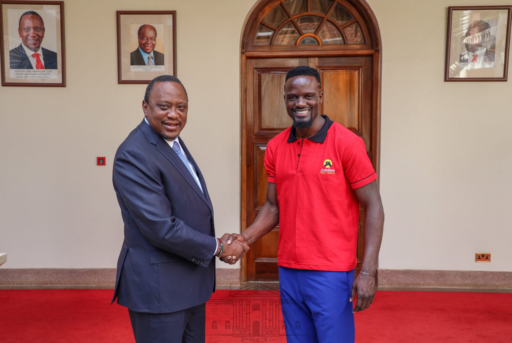 President Uhuru Kenyatta, Left, at State House, Nairobi on Wednesday 18th September, 2019 met Jubilee Party candidate for the forthcoming Kibra Constituency by-election Macdonald Mariga