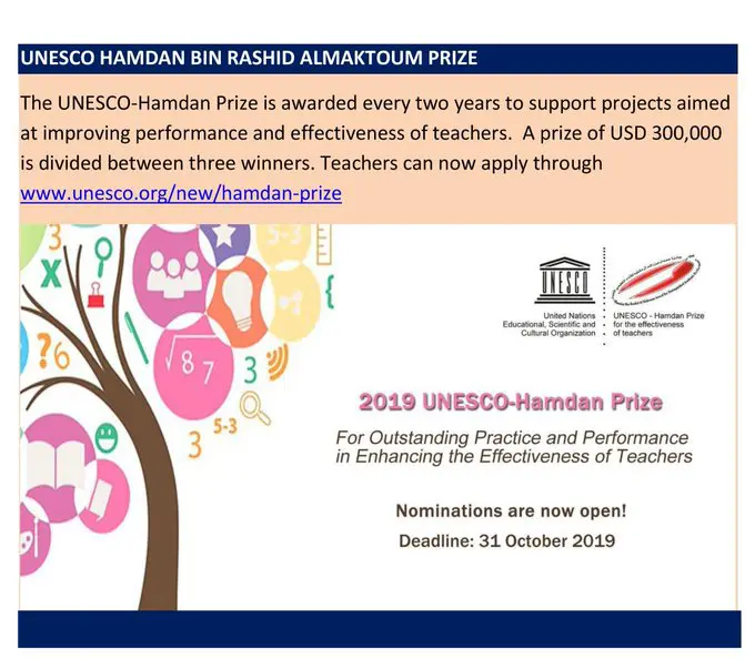 The 2019 UNESCO- Hamdan Prize for teachers. Apply today.
