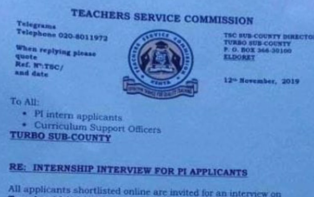 2019 TSC Intern Teachers' Recruitment, Interview dates and Venues per county; Uasin Gishu- Turbo