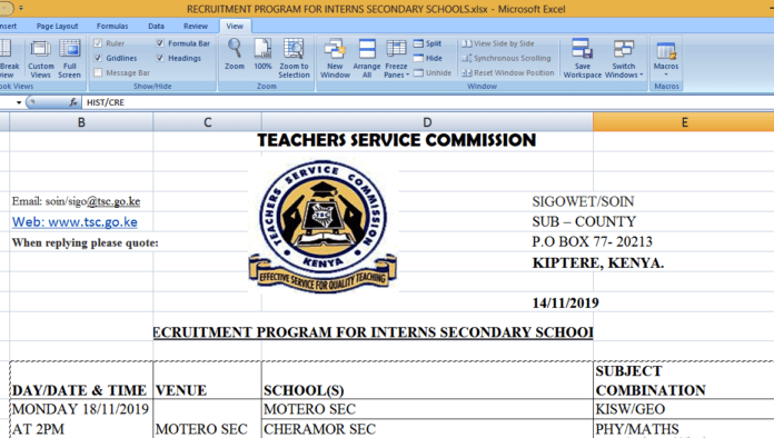 2019 TSC Intern teachers' Interview dates, time and Venues; Kericho County- Sigowet, Soin 2019 TSC Intern teachers' Interview dates, time and Venues; Kericho County- Sigowet, Soin