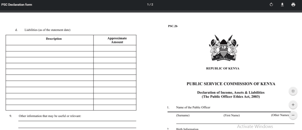 The Public Servants Wealth Declaration Form, PSC 2b