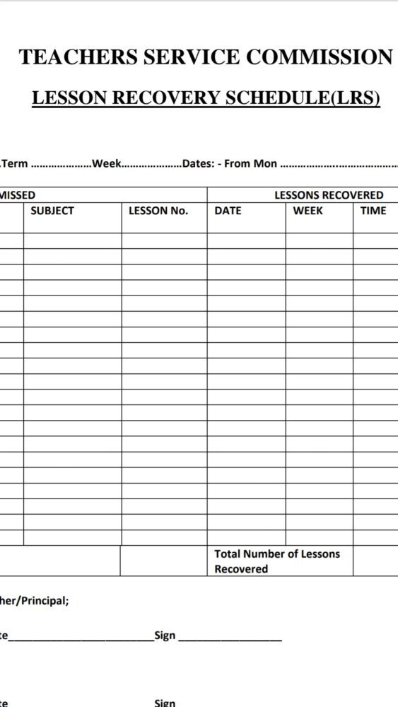 Lesson Recovery Schedule form for Teachers