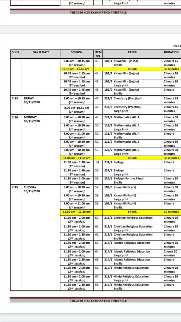 2020 KCSE time table