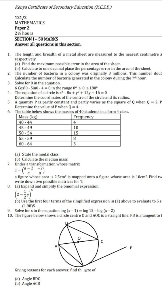Free Mathematics notes, schemes, lesson plans, KCSE Past Papers, Termly Examinations, revision materials and marking schemes.