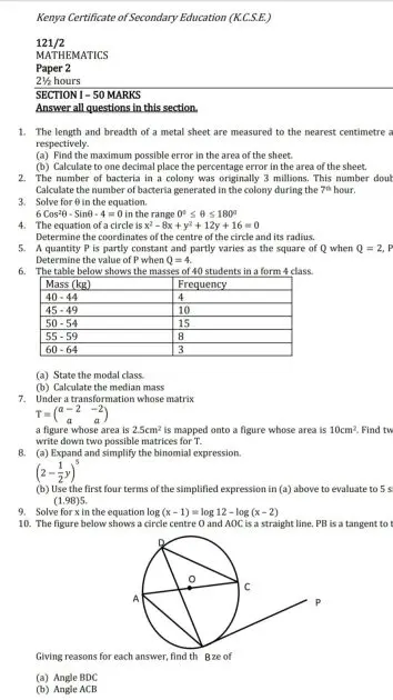 Free Mathematics notes, schemes, lesson plans, KCSE Past Papers, Termly Examinations, revision materials and marking schemes.