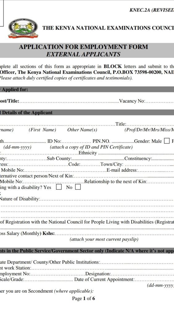 The KNEC employment application form free pdf download.