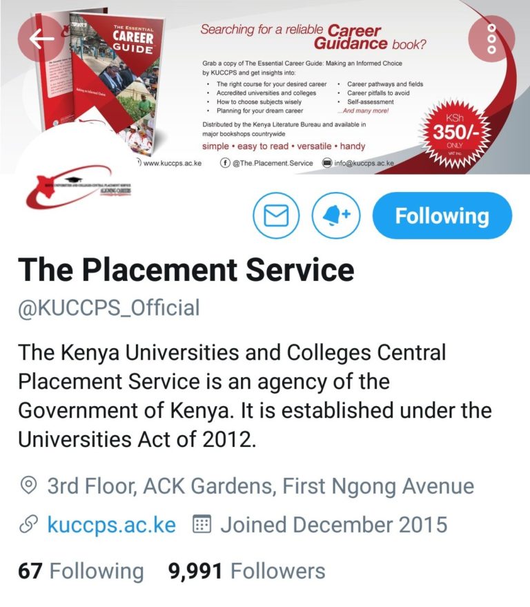 Official Twitter account for Kenya Universities and Colleges Central Placement Service, KUCCPS.