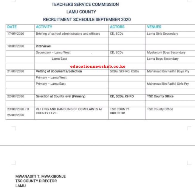 Lamu County TSC recruitment dates and venues 2020